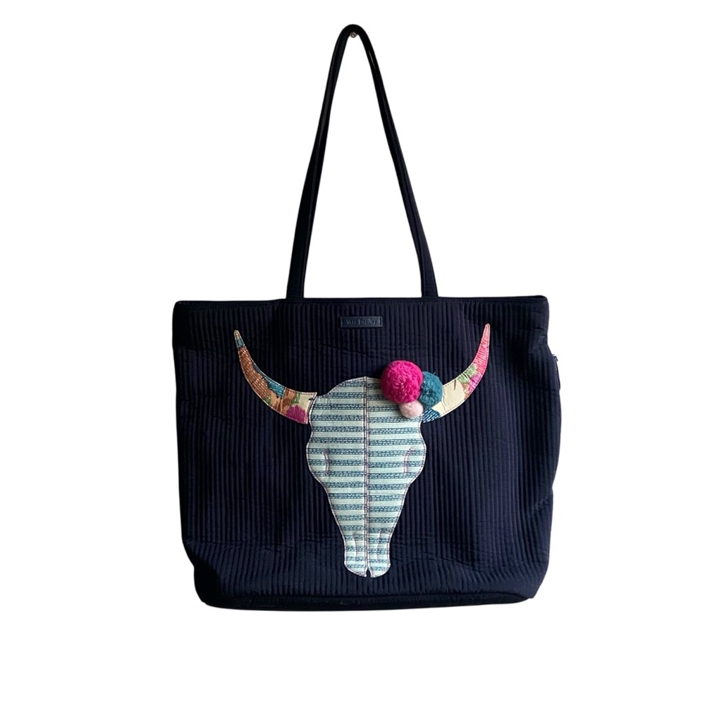 Vera Bradley Navy Tote Bag Bull Horn Pom Poms Quilted Zip Top Shoulder Pockets